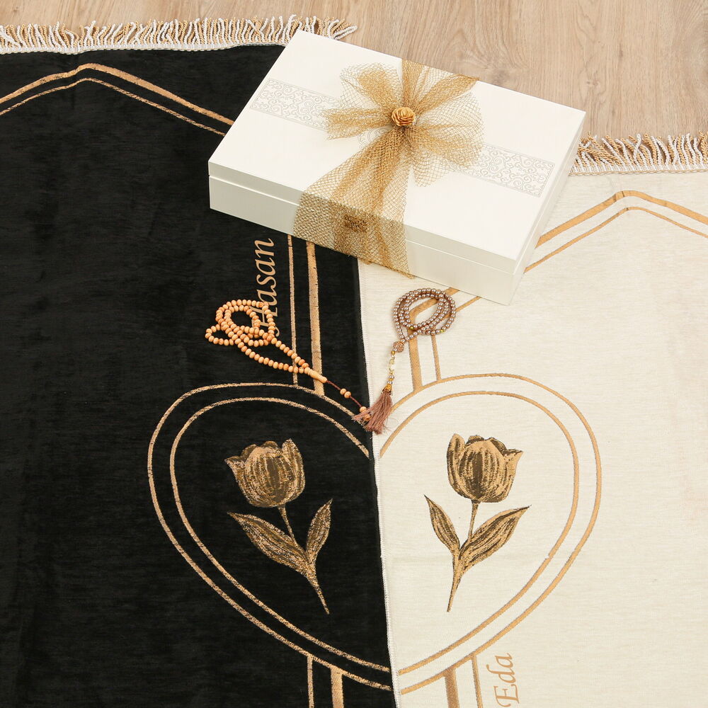 Lüks Ahşap Kutulu Eşli Seccade Seti - Beyaz