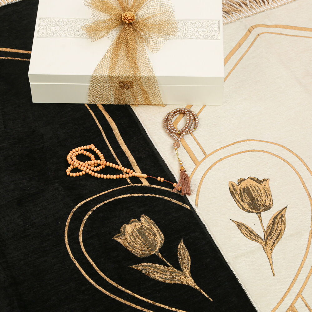 Lüks Ahşap Kutulu Eşli Seccade Seti - Beyaz