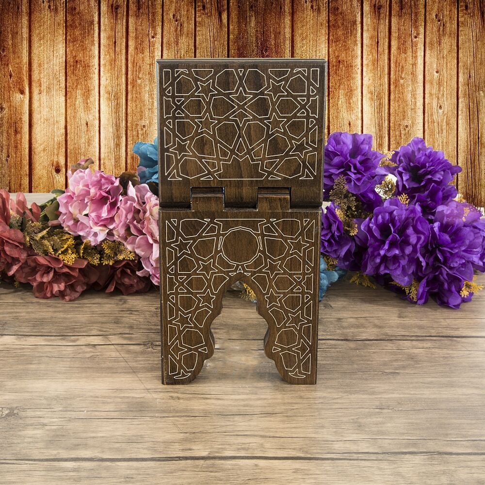 Ahşap Kitaplık ve Kuran Rahlesi 35*17 cm Rumi Desenli Kahve
