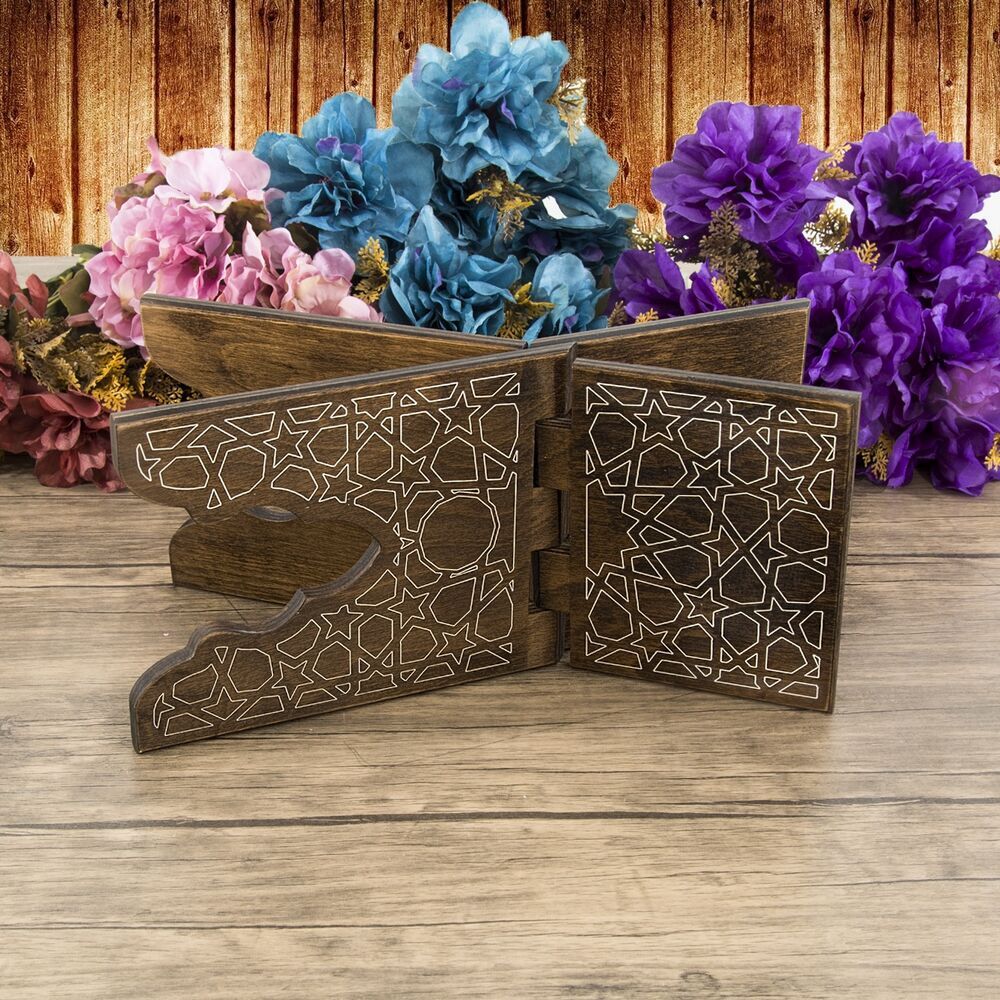 Ahşap Kitaplık ve Kuran Rahlesi 35*17 cm Rumi Desenli Kahve