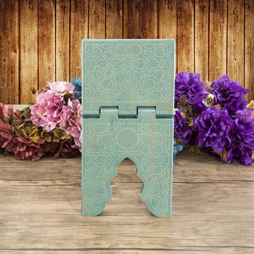 Çocuk Boy Ahşap Kitaplık ve Kuran Alıştırma Rahlesi 35*17 cm Rumi Desenli Mavi