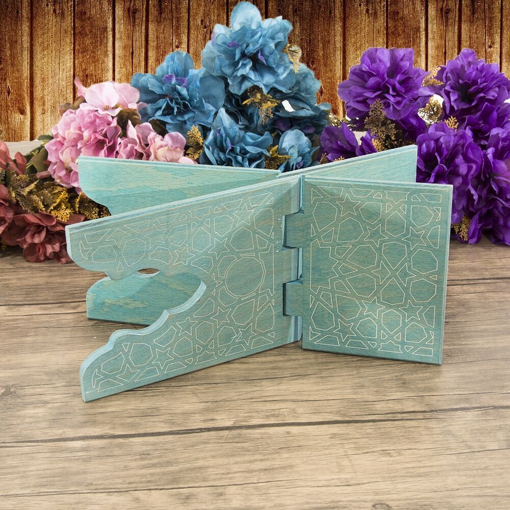 Çocuk Boy Ahşap Kitaplık ve Kuran Alıştırma Rahlesi 35*17 cm Rumi Desenli Mavi