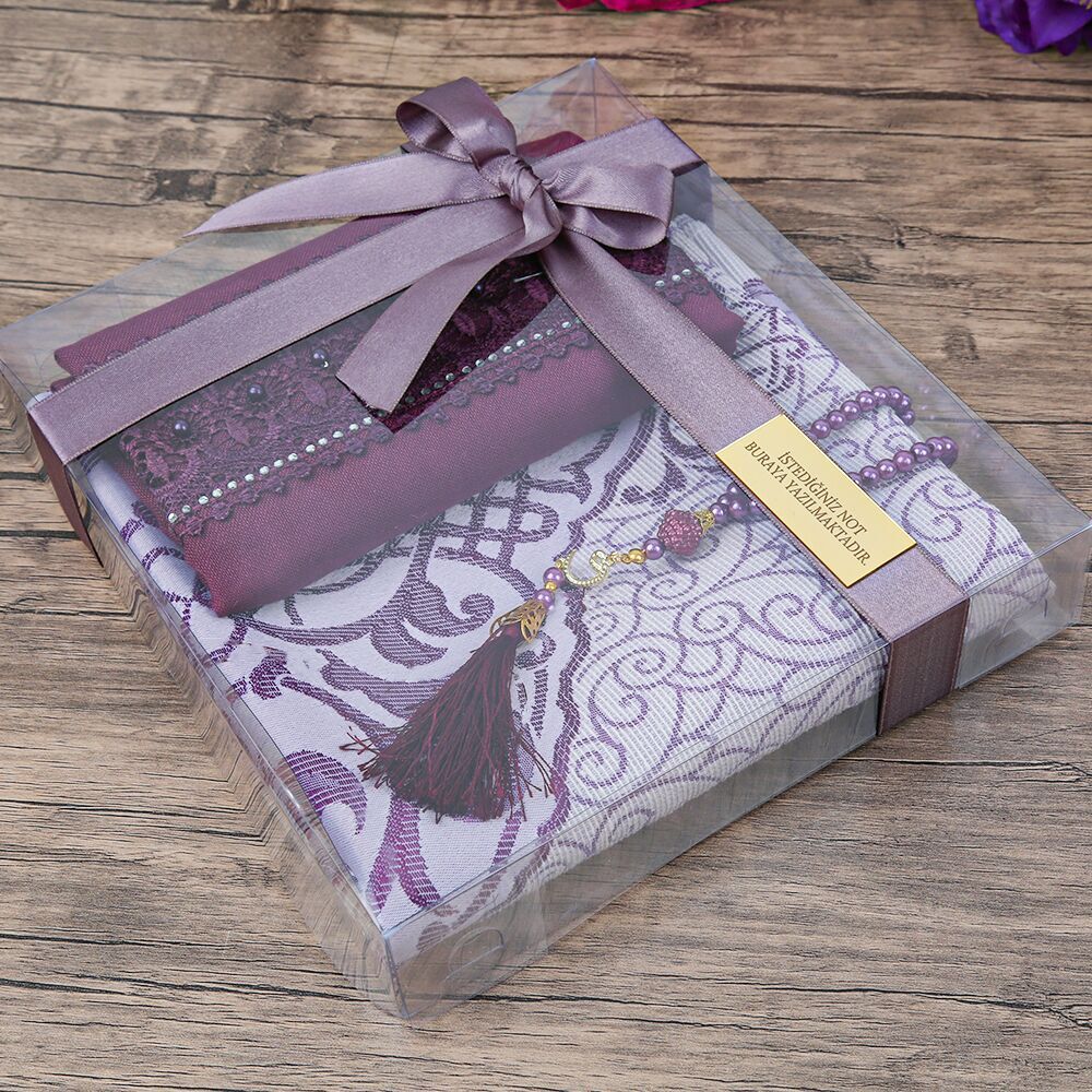 Hediyelik Seccade, Şal, İnci Tesbih, Asetat Kutulu (26×23 cm  450 gr) Set-Mor