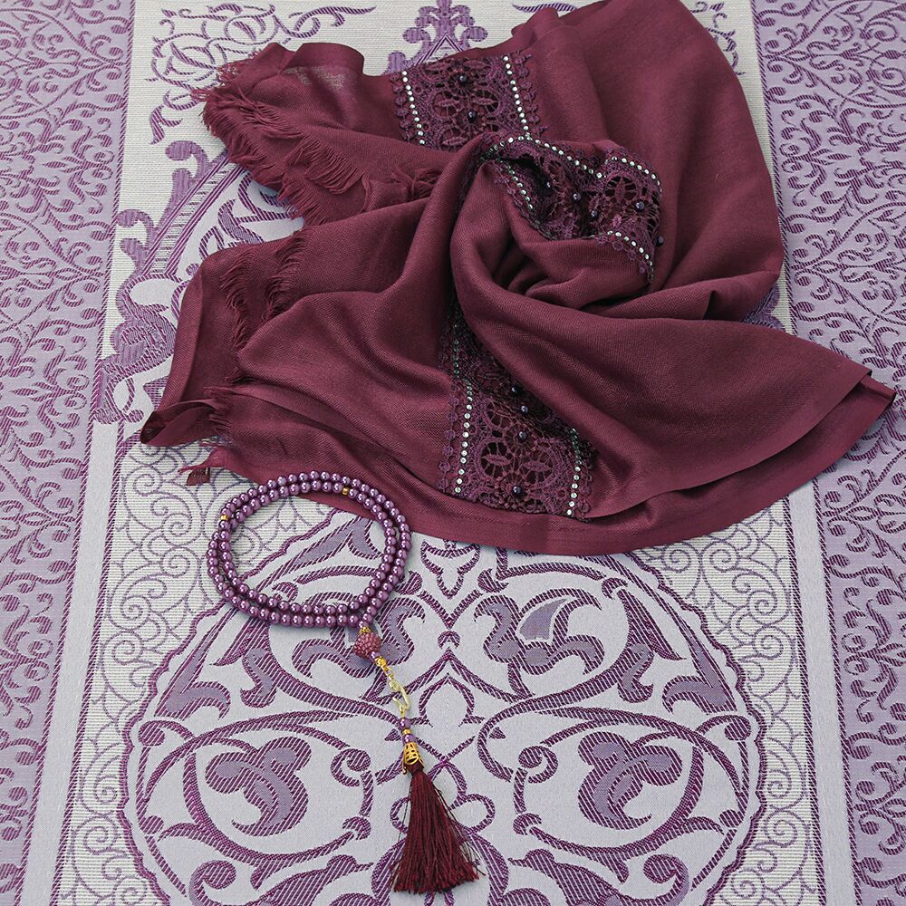 Hediyelik Seccade, Şal, İnci Tesbih, Asetat Kutulu (26×23 cm  450 gr) Set-Mor