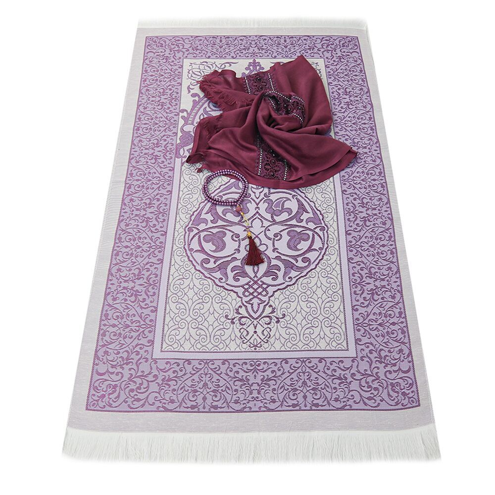Hediyelik Seccade, Şal, İnci Tesbih, Asetat Kutulu (26×23 cm  450 gr) Set-Mor