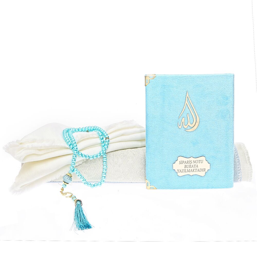 Hediyelik Kadife Kaplı Yasin Kitabı, Seccade, Şal, İnci Tesbih, Asetat Kutulu (26×23) Set - Mavi