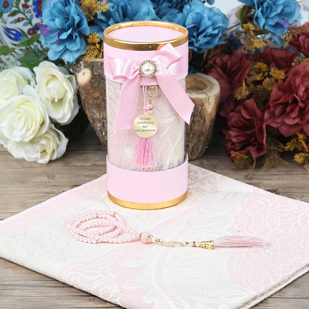 İsme Özel Anneler Günü Hediyesi Silindir Asetat Kutu (18×10), Seccade, İnci Tesbihli Set-Pembe