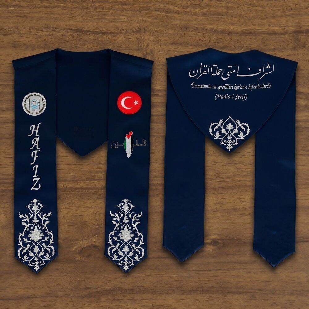 Hafızlık İcazet Atkısı Türk Filistin Bayrağı ve Kurs Logusu İşlemeli Beyaz Nakışlı-Lacivert