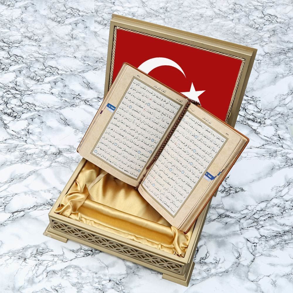 Türk Bayraklı Ahşap Kutulu Kuran-ı Kerim Tesbih Seti