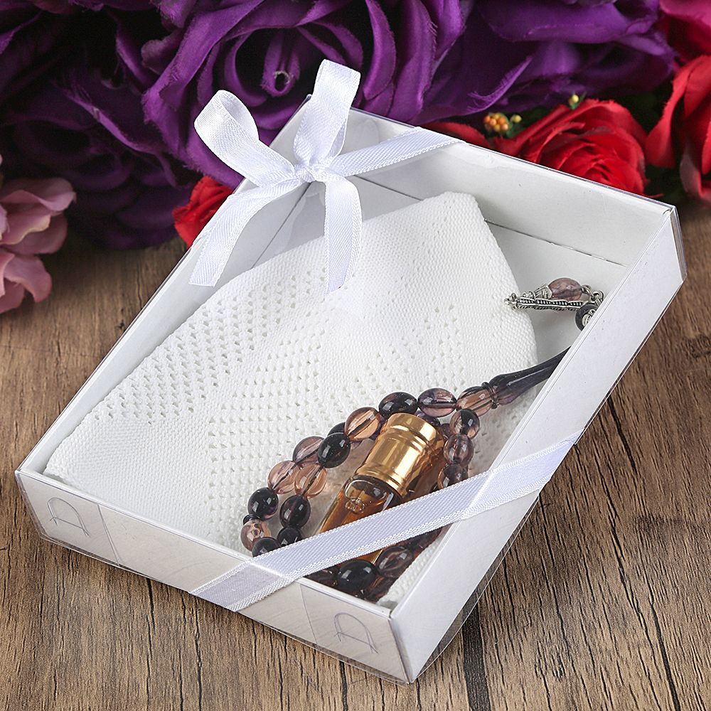 Hediyelik Takke, 33 lü Tesbih, Alkolsüz Esans 3 ml Asetat kutulu 12*15 cm 261 gram-Beyaz