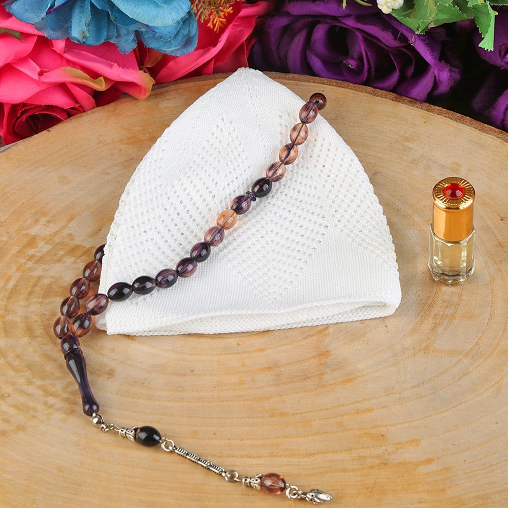 Hediyelik Takke, 33 lü Tesbih, Alkolsüz Esans 3 ml Asetat kutulu 12*15 cm 261 gram-Beyaz