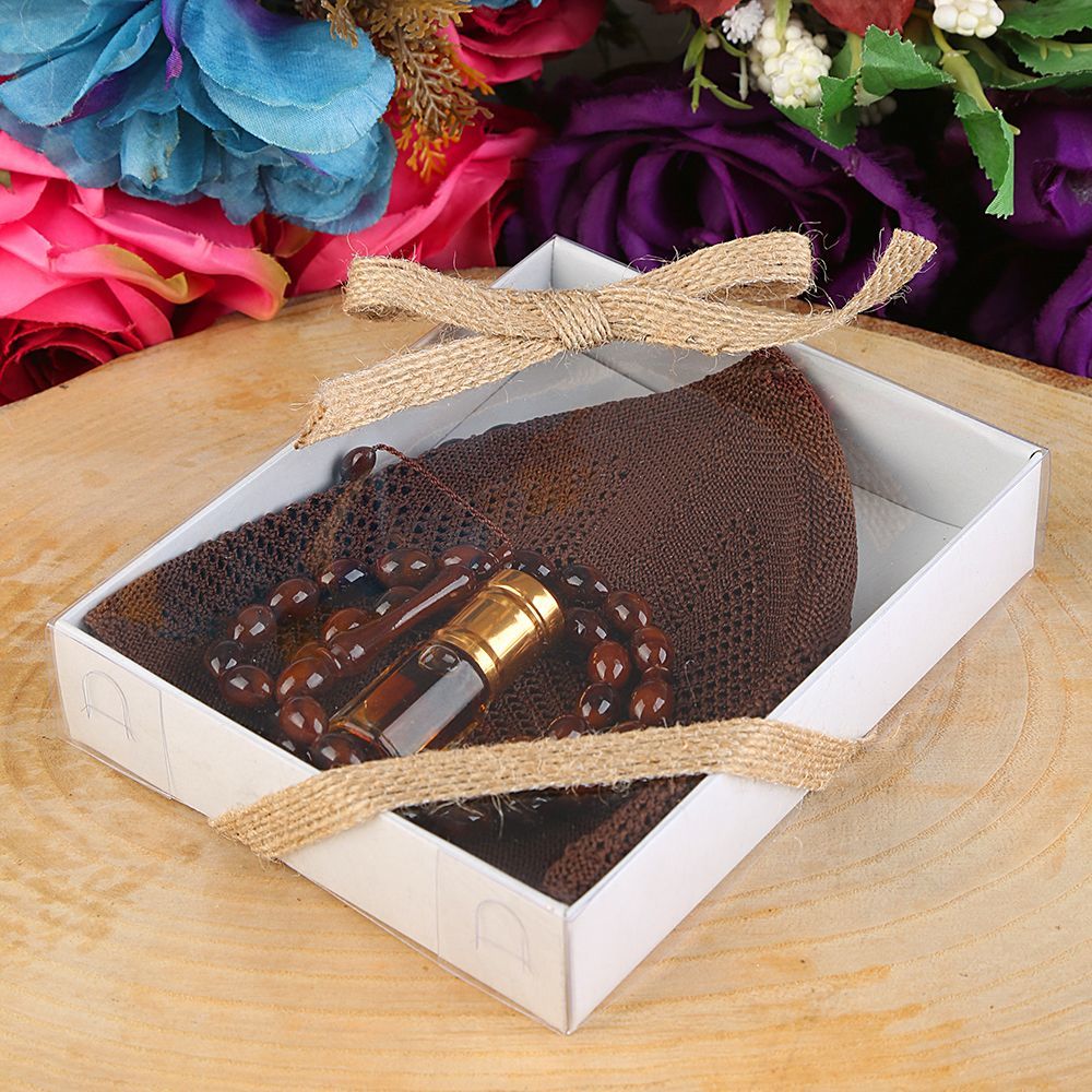 Hediyelik Takke, 33 lü Tesbih, Alkolsüz Esans 3 ml Asetat kutulu 12*15 cm 261 gram-Kahverengi