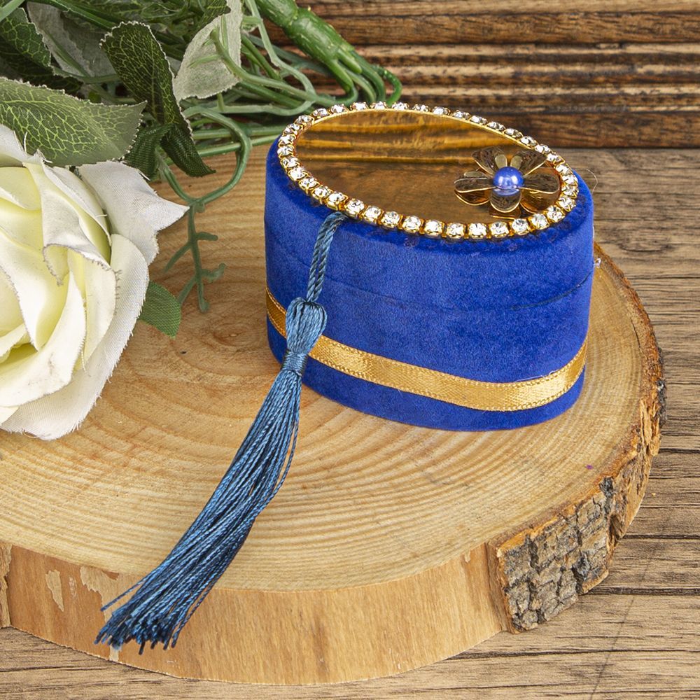 Anneler Günü Hediyesi Lüks Zikirmatik ve İnci Tesbih ,Elips Kutulu, Flok Kaplı, Aynalı Pleksili- Mavi 7*5 cm 70 gr