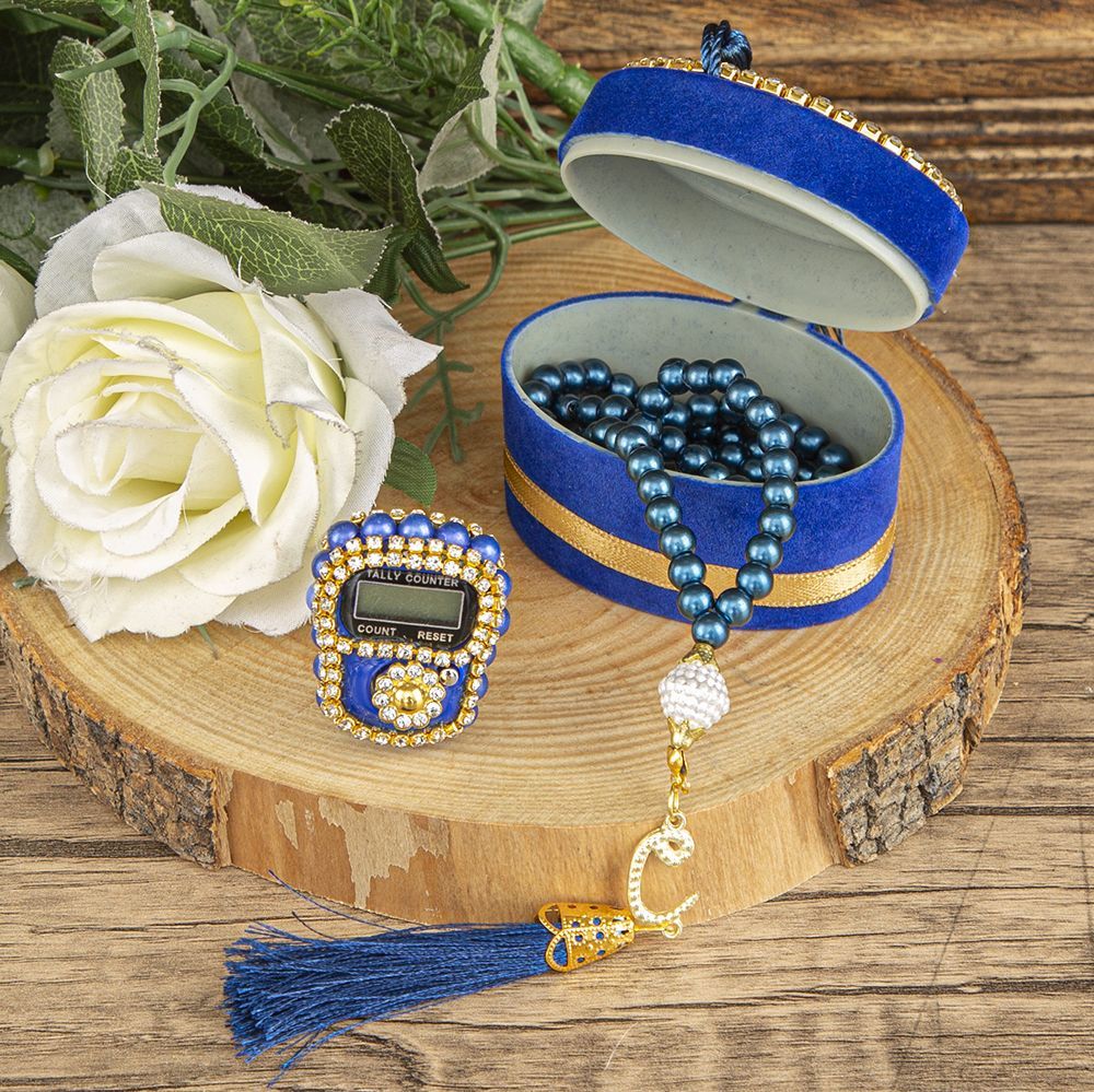 Anneler Günü Hediyesi Lüks Zikirmatik ve İnci Tesbih ,Elips Kutulu, Flok Kaplı, Aynalı Pleksili- Mavi 7*5 cm 70 gr
