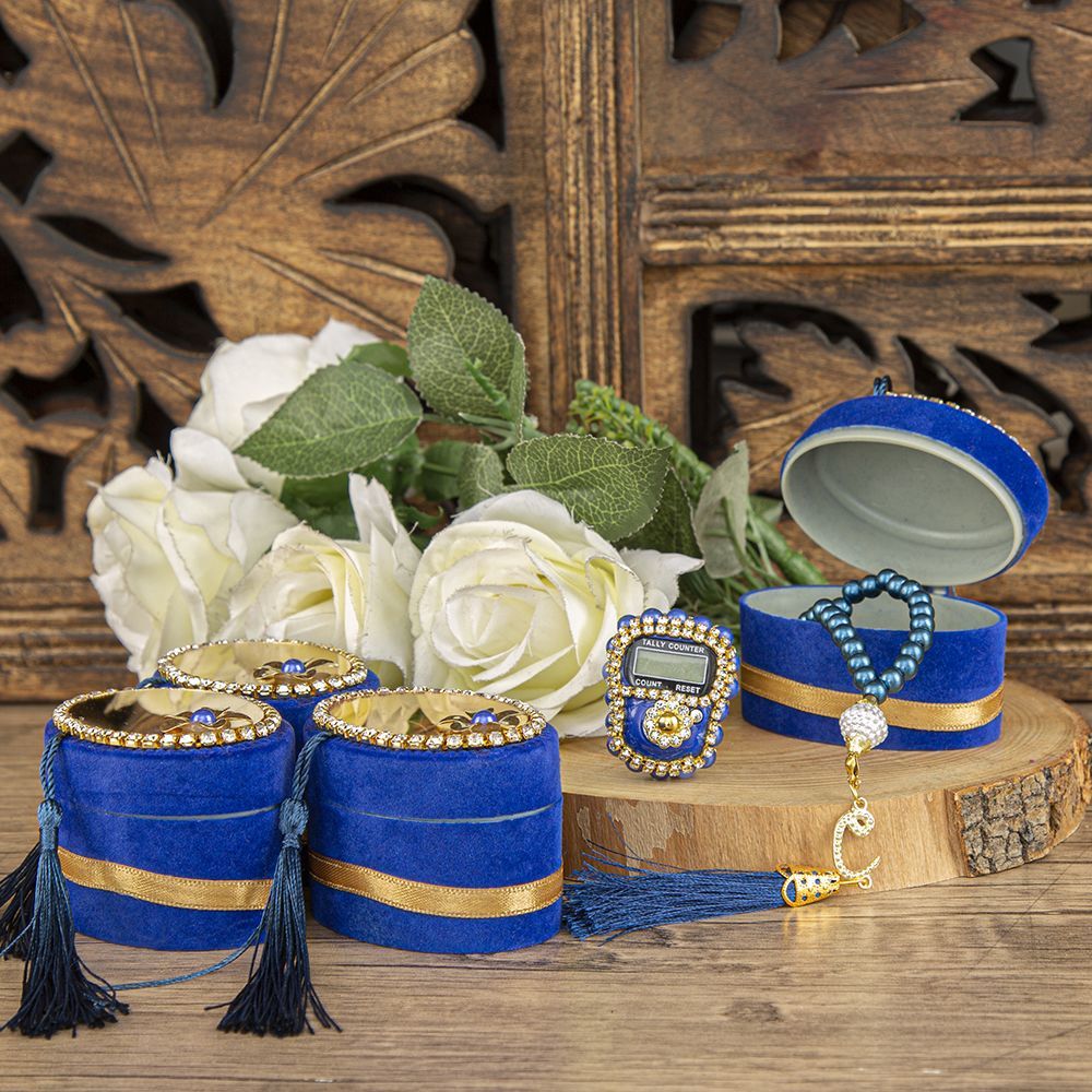 Anneler Günü Hediyesi Lüks Zikirmatik ve İnci Tesbih ,Elips Kutulu, Flok Kaplı, Aynalı Pleksili- Mavi 7*5 cm 70 gr