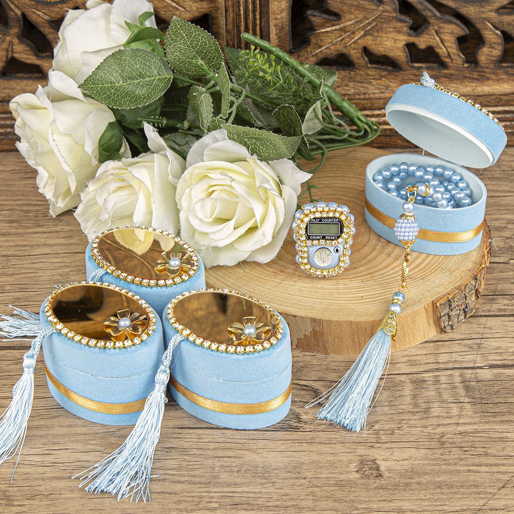 Anneler Günü Hediyesi Lüks Zikirmatik ve İnci Tesbih ,Elips Kutulu, Flok Kaplı, Aynalı Pleksili- Bebe Mavi 7*5 cm 70 gr