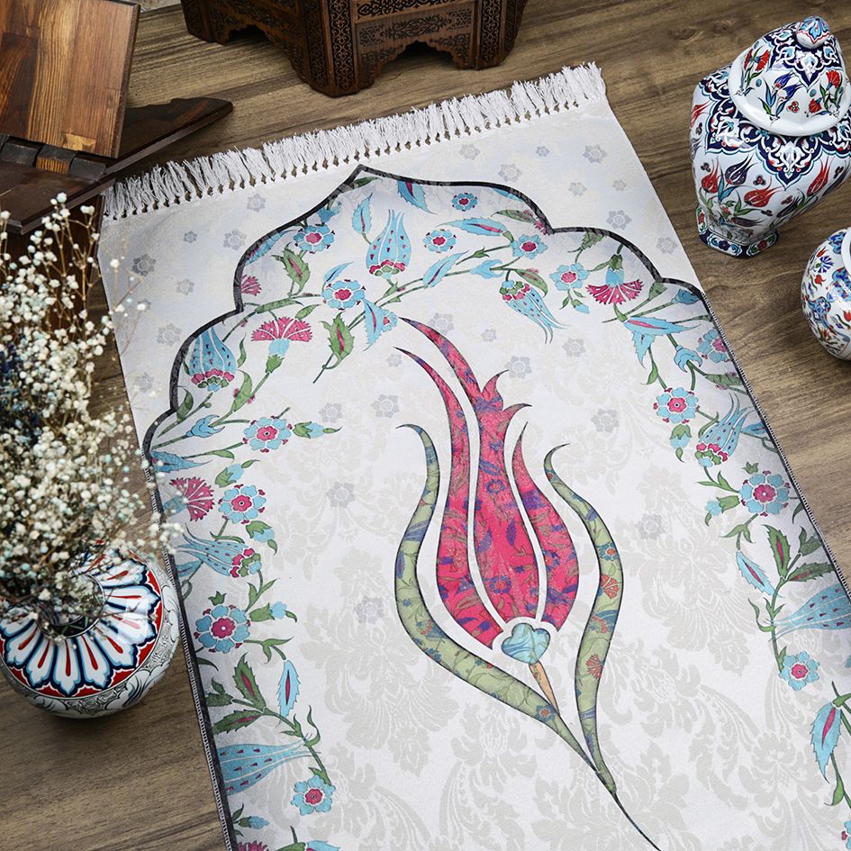 İnce Pamuk Çocuk Seccadesi Fuşya Lale 44x77 cm-180 gr-Tesbih Hediyeli