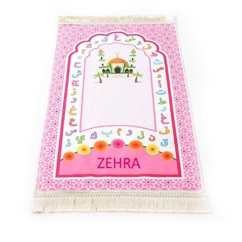 İsme Özel Çocuk Seccadesi ve Eğitici Kitabı Namaz Seti  - Pembe 45x82 cm - 110 gr - Tesbih