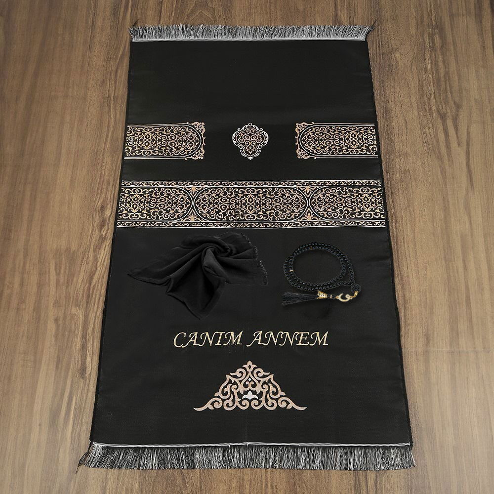 Anneler günü Hediyesi, Annenizin İsmine Özel Seccade, İğne Oyalı Şal, İnci Tesbih, Süslemeli Asetat Kutulu (26×23 cm)