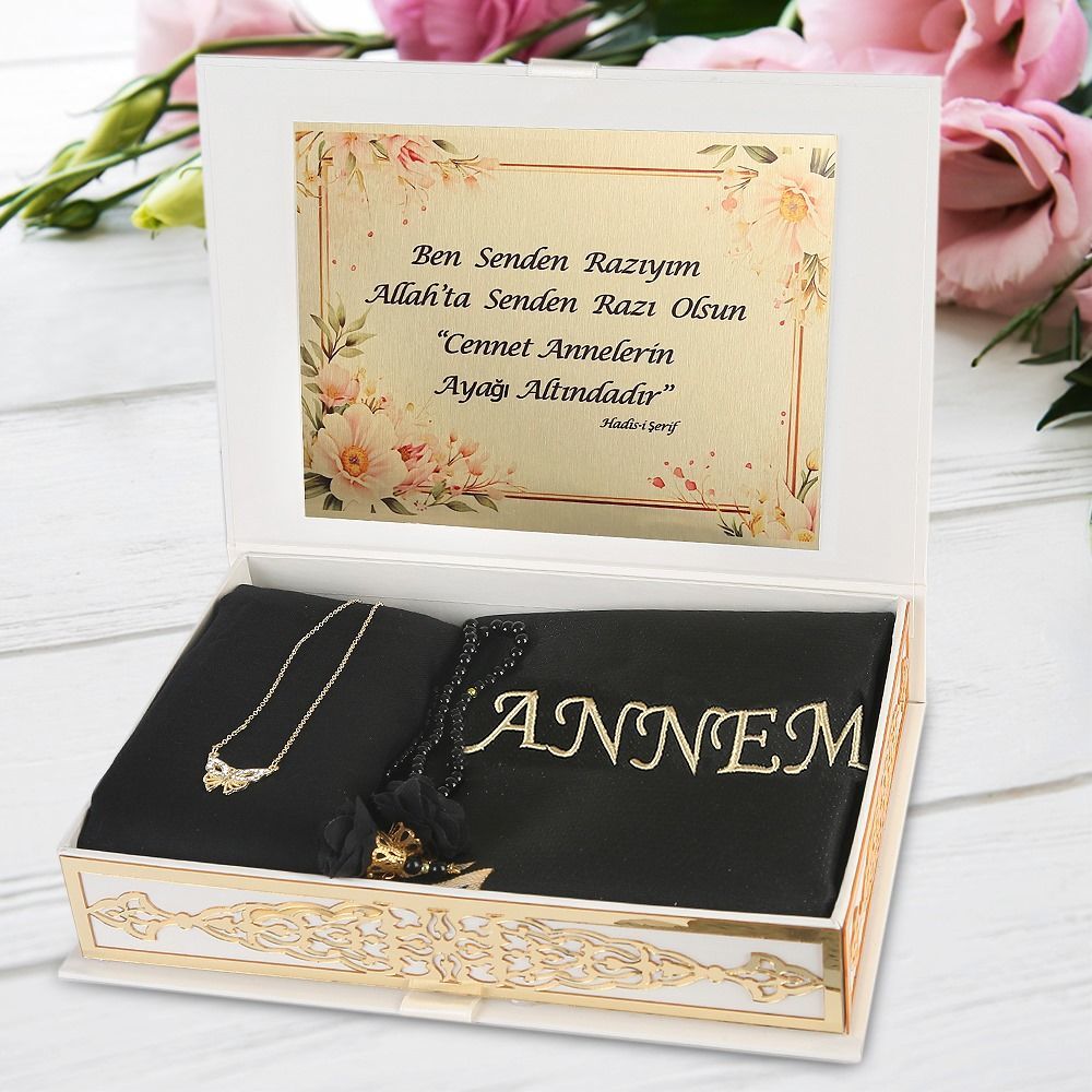 Canım Annem Lüks  Kutulu Canım Annem Lüks  Kutulu , İsme Özel Seccade, Pamuklu Şal, İnci Tesbih, Kolye (27*19.5 cm 800 gr)-Krem