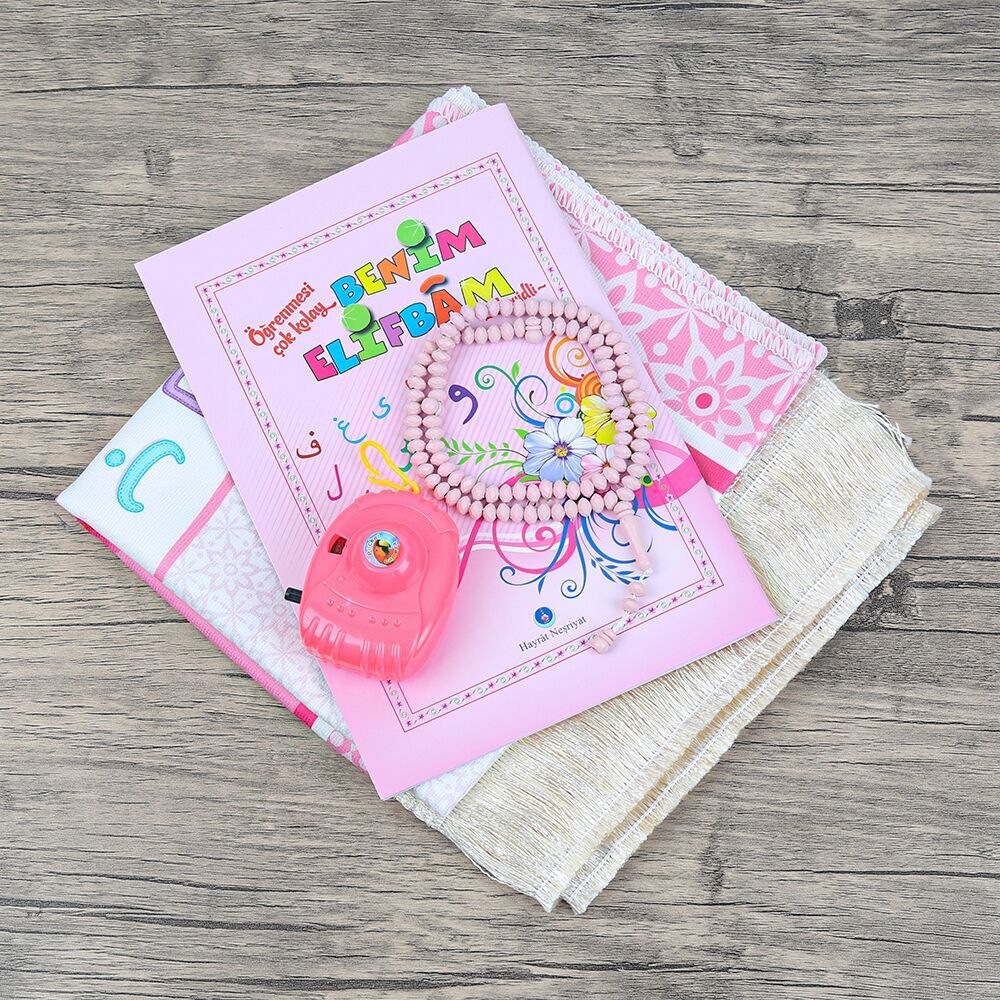 Çocuk Seccadesi ve Eğitici Kitabı Namaz Seti  -Seccade Ölçü Pembe 45x82 cm - Tesbih