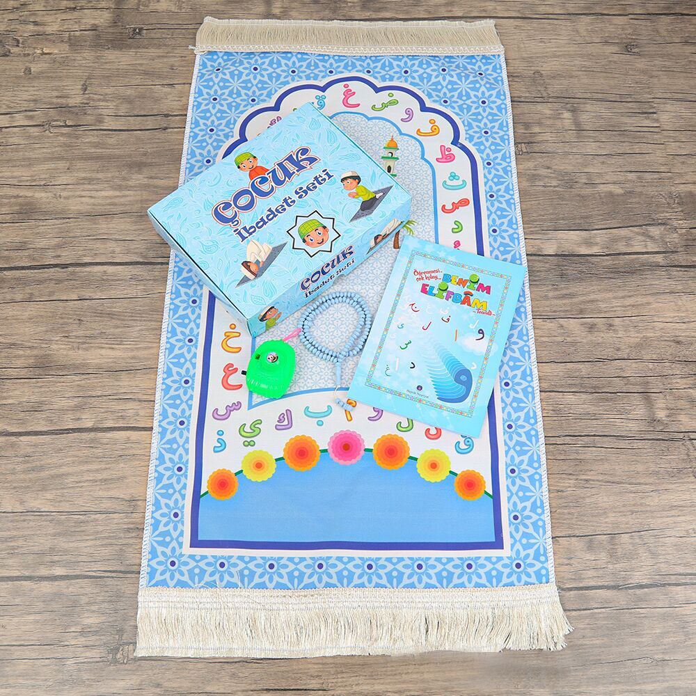 Çocuk Seccadesi ve Eğitici Kitabı Namaz Seti  - Mavi 45x82 cm - 110 gr - Tesbih