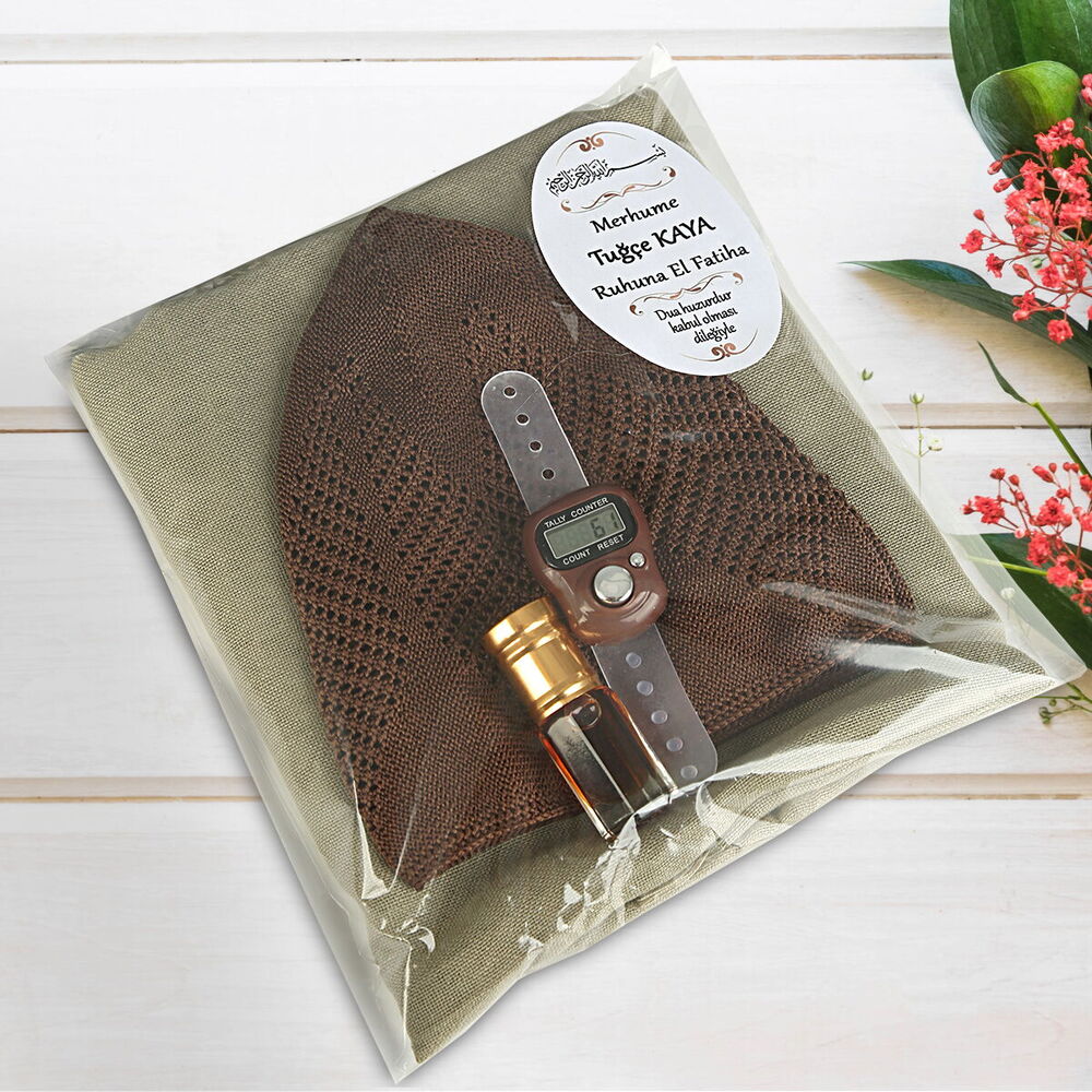 Hediyelik Haki Pamuklu Şal, Kahverengi Takke, Zikirmatik, Alkolsüz Esans 3 ml-167 gr