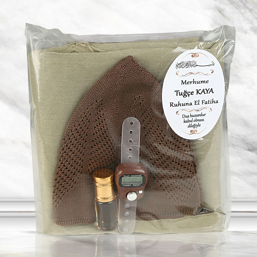 Hediyelik Haki Pamuklu Şal, Kahverengi Takke, Zikirmatik, Alkolsüz Esans 3 ml-167 gr