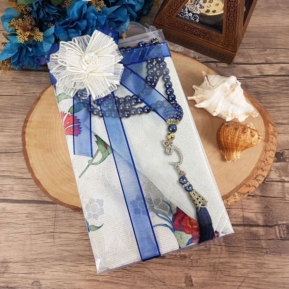Hediyelik Seccade, Şal, İnci Tesbih, Süslemeli Asetat Kutulu (30×18) Paket