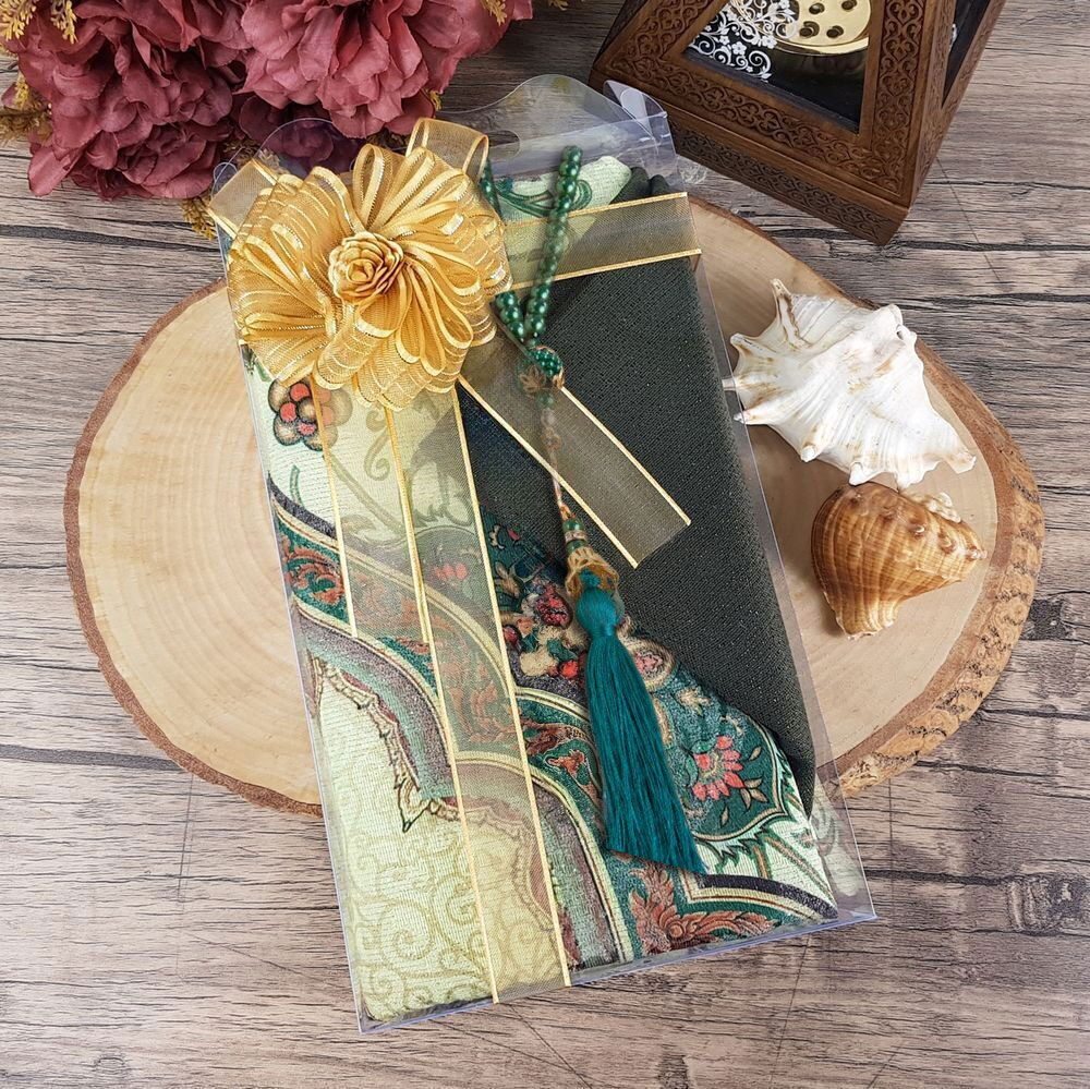 Hediyelik Seccade, Şal, İnci Tesbih, Süslemeli Asetat Kutulu (30×18) Paket