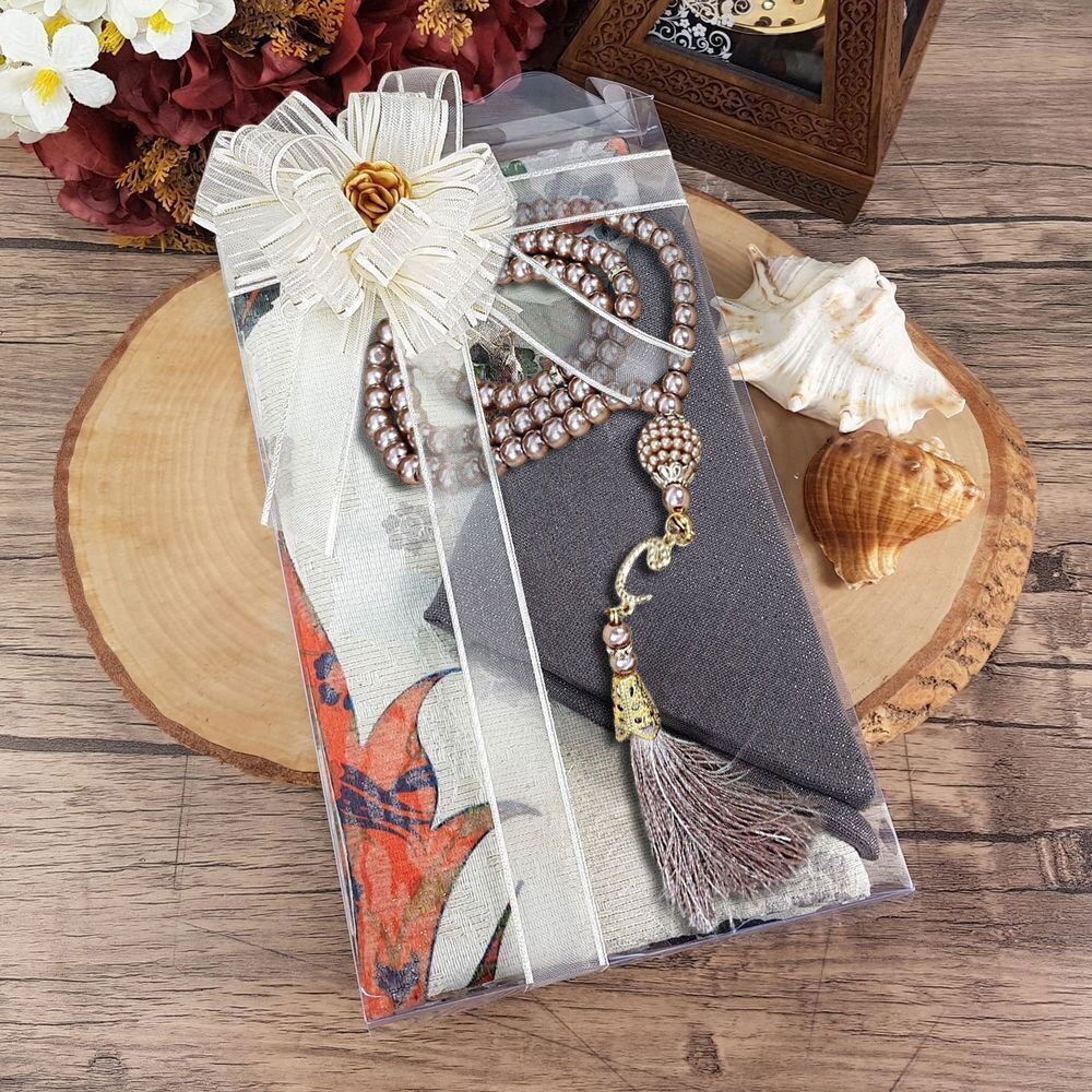 Hediyelik Seccade, Şal, İnci Tesbih, Süslemeli Asetat Kutulu (30×18) Paket