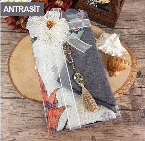 Hediyelik Seccade, Şal, Kristal Tesbih, Süslemeli Asetat Kutulu (30×18) Paket-M321-antrasi̇t