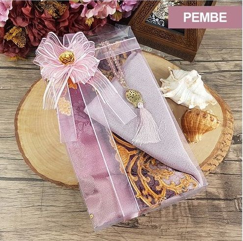 Hediyelik Seccade, Şal, Kristal Tesbih, Süslemeli Asetat Kutulu (30×18) Paket-M321-pembe