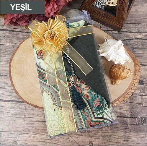 Hediyelik Seccade, Şal, Kristal Tesbih, Süslemeli Asetat Kutulu (30×18) Paket-M321-yeşi̇l