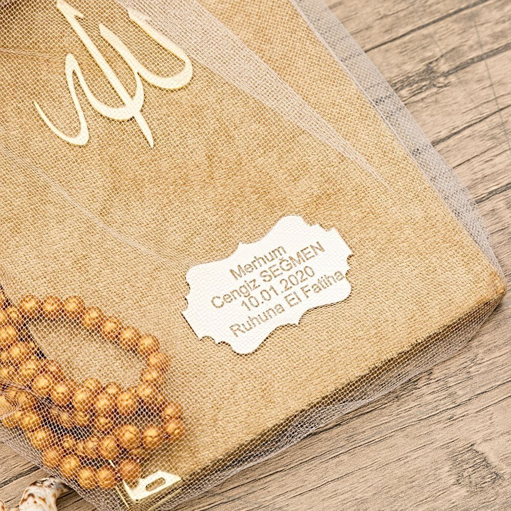 Hediyelik Kadife Yasin Cüzü Çanta Boy, Kalpli Tesbih, Tül Keseli Mevlid Paketi-Kahve