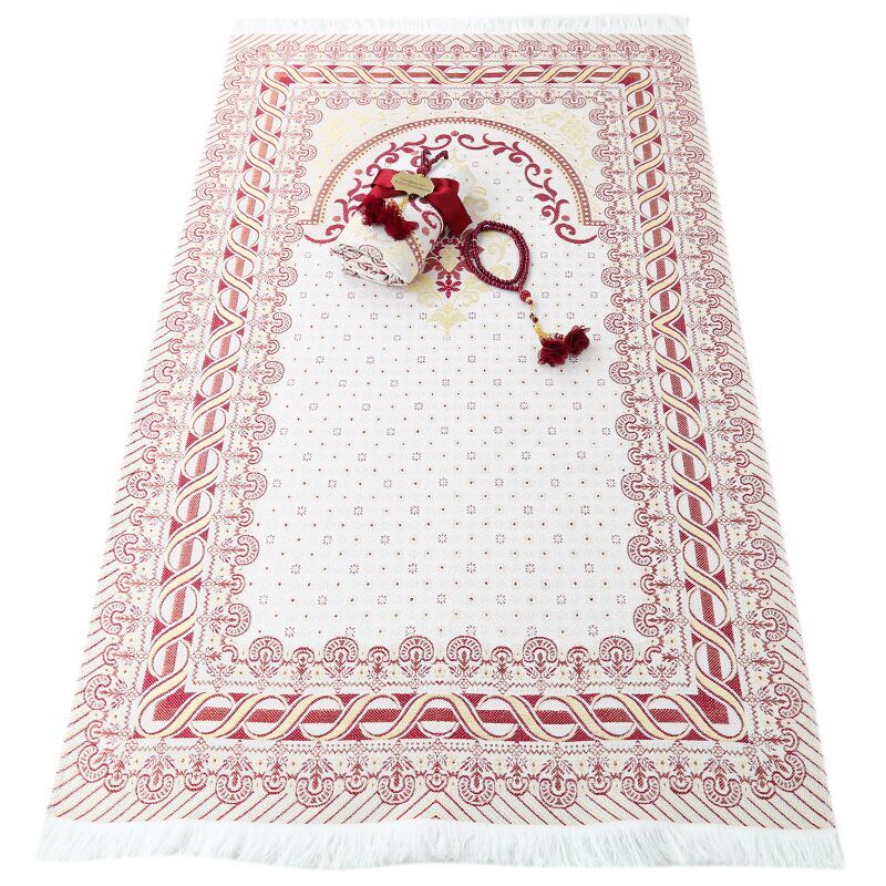 Hediyelik İpek Saten Osmanlı Desenli Seccade, İnci Tesbih, Pleksi Kurdela Süslemeli Mevlid Seti-Kırmızı(287 gr)
