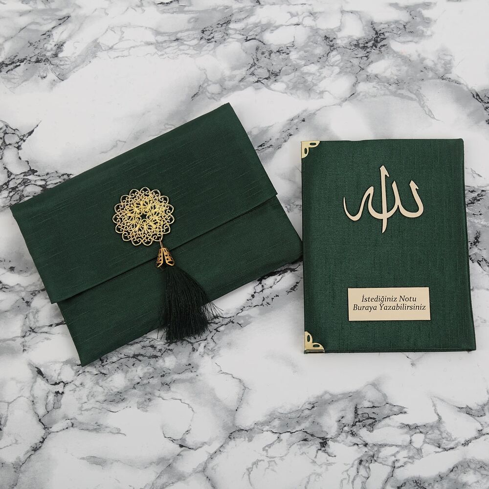 Hediyelik Şantuk Kese Yasin ve Tesbih Süslemeli Asetat Kutulu (17×15) Set Yeşil
