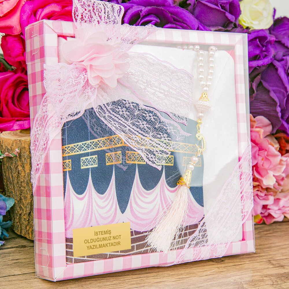 Çocuk Seccadesi 45*82 cm, İnci Tesbihli Asetat Kutulu Set-Pembe