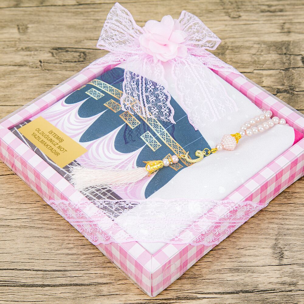 Çocuk Seccadesi 45*82 cm, İnci Tesbihli Asetat Kutulu Set-Pembe