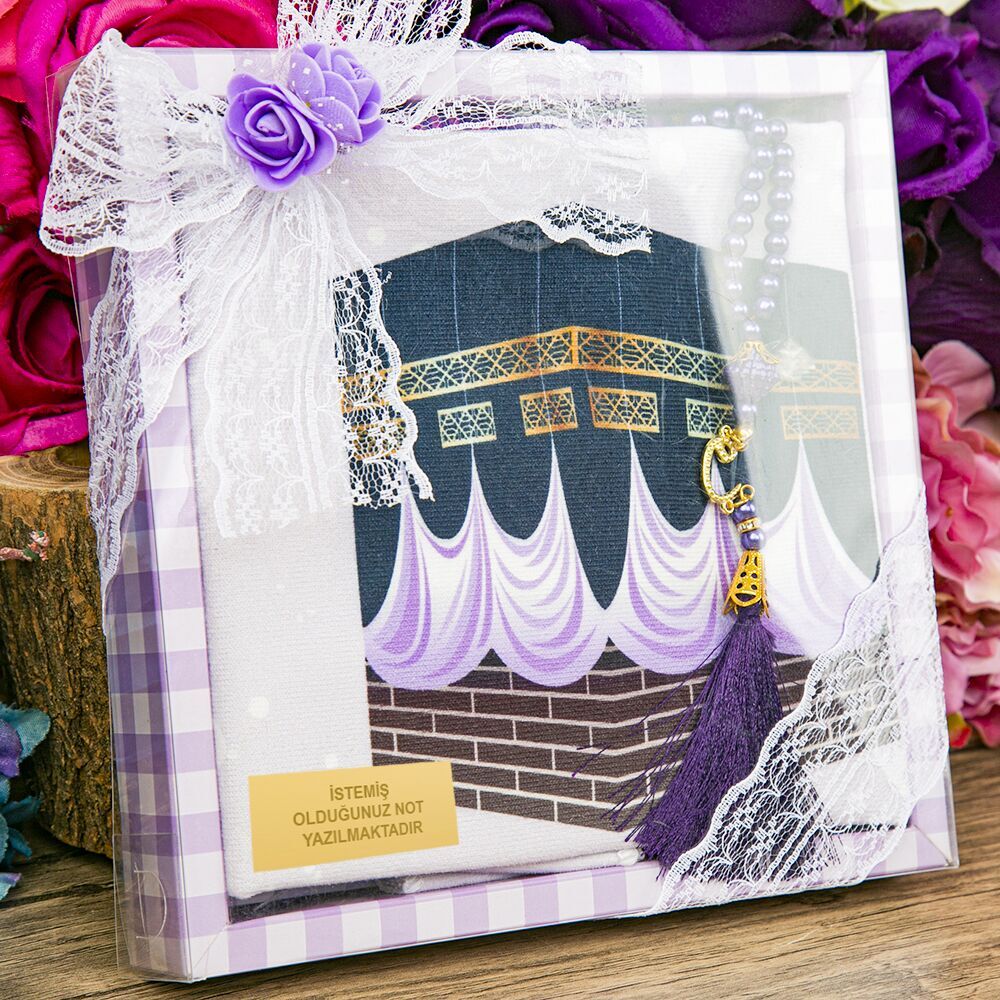 Çocuk Seccadesi 45*82 cm, İnci Tesbihli Asetat Kutulu Set-Mor