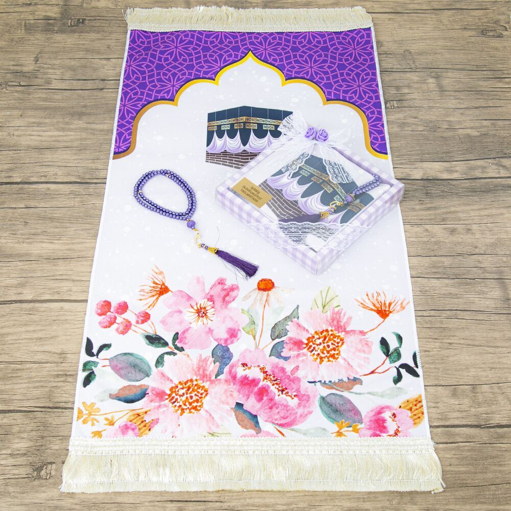 Çocuk Seccadesi 45*82 cm, İnci Tesbihli Asetat Kutulu Set-Mor