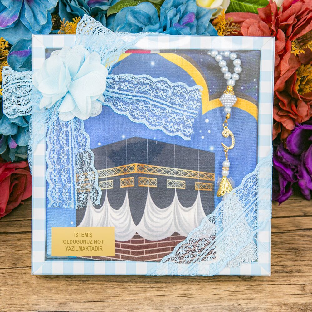 Çocuk Seccadesi 45*82 cm, İnci Tesbihli Asetat Kutulu Set-Mavi