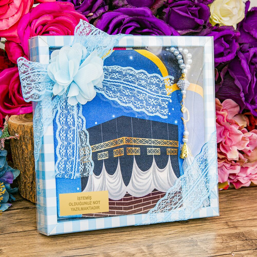 Çocuk Seccadesi 45*82 cm, İnci Tesbihli Asetat Kutulu Set-Mavi