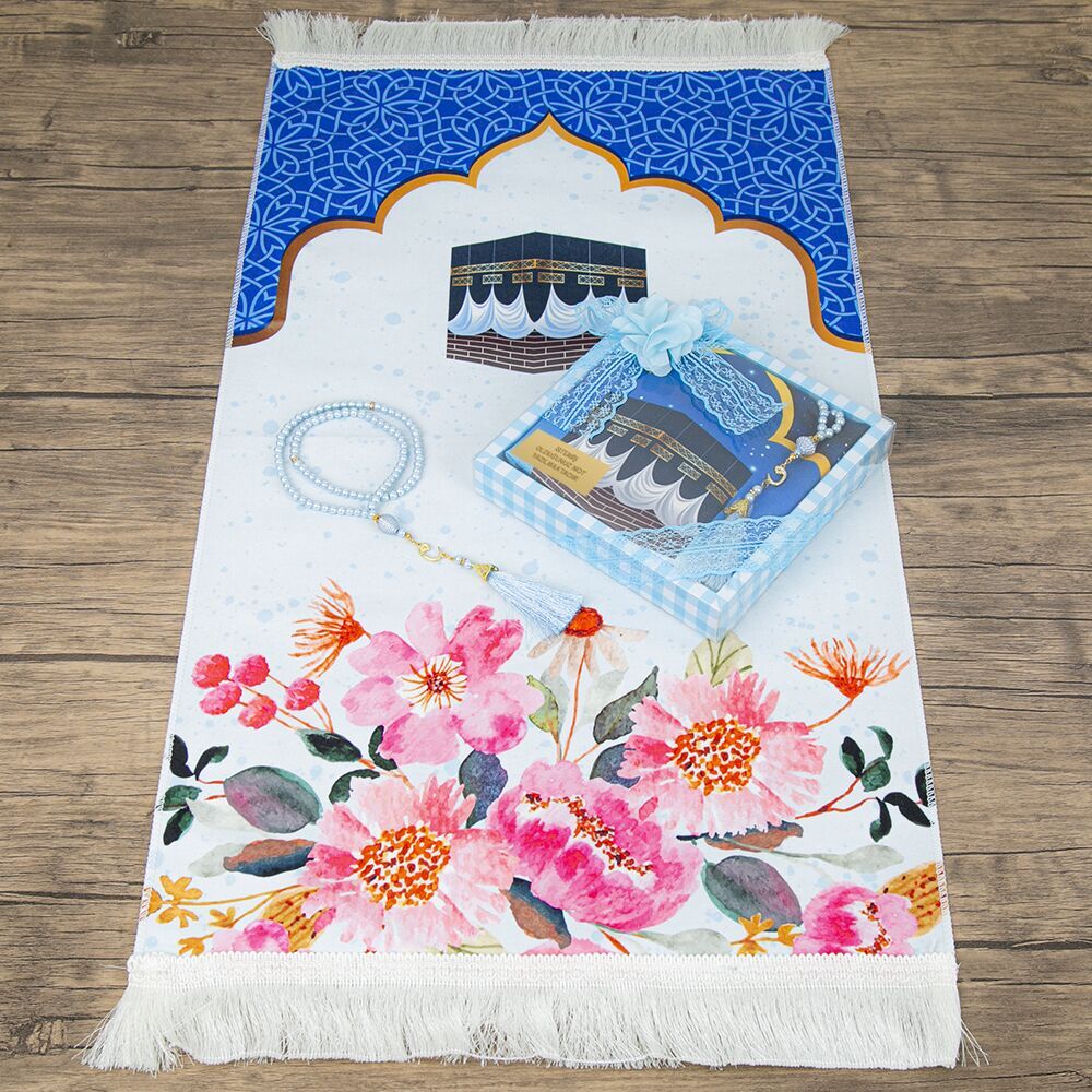 Çocuk Seccadesi 45*82 cm, İnci Tesbihli Asetat Kutulu Set-Mavi