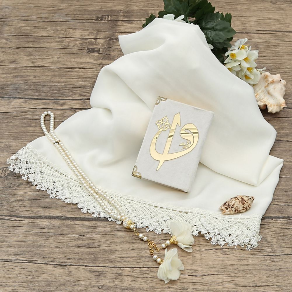 Hediyelik Oyalı Şal, Kadife Kur’an-ı Kerim, İnci Tesbih, Pleksi, Kraft Asetat Kutulu (20×10) Set