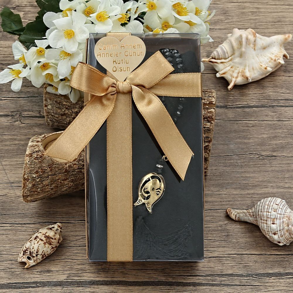 Hediyelik Mevlüt Şalı, İnci Tesbih, Kalp Pleksili, Kraft Asetat Kutulu (20×10) Set-Siyah