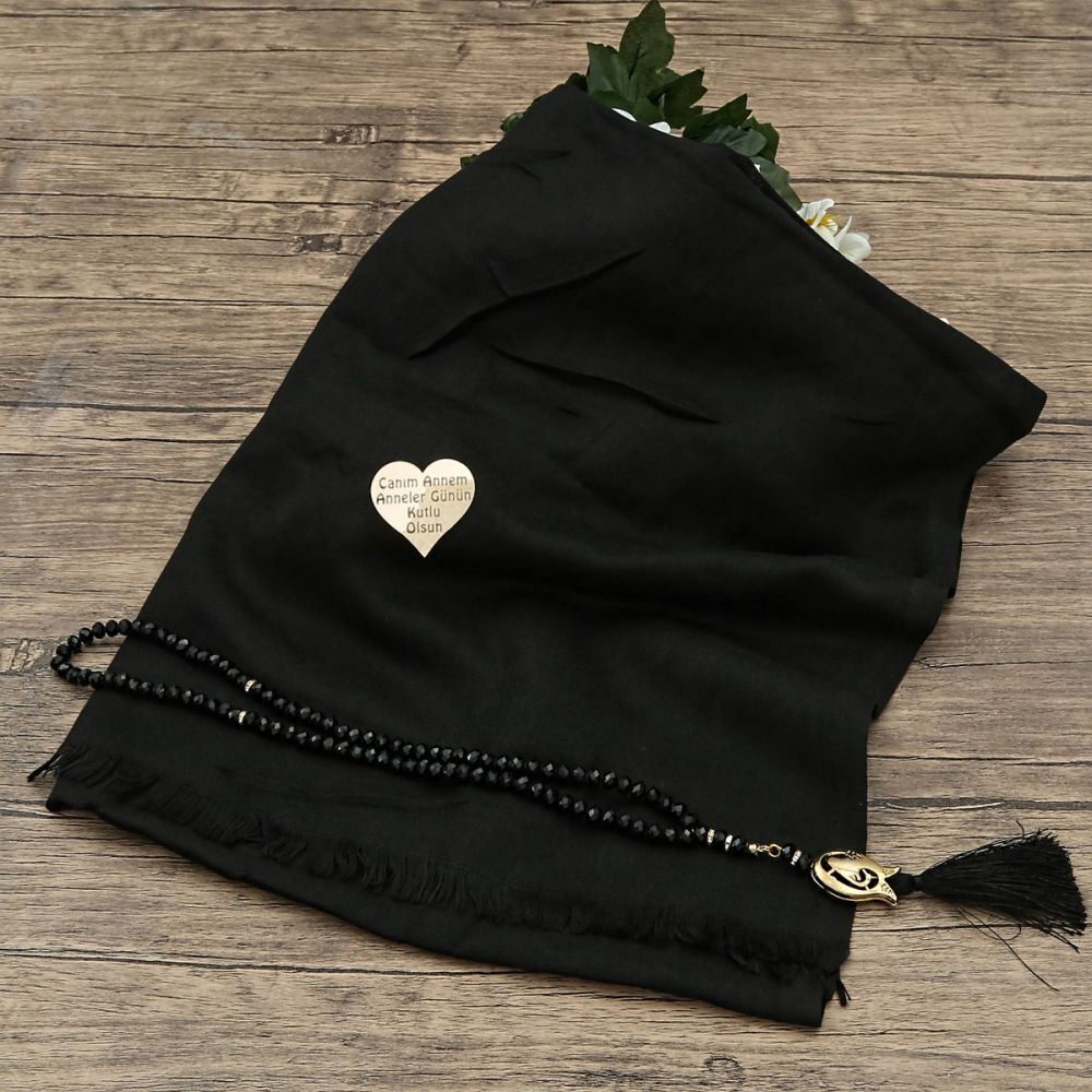 Hediyelik Mevlüt Şalı, İnci Tesbih, Kalp Pleksili, Kraft Asetat Kutulu (20×10) Set-Siyah