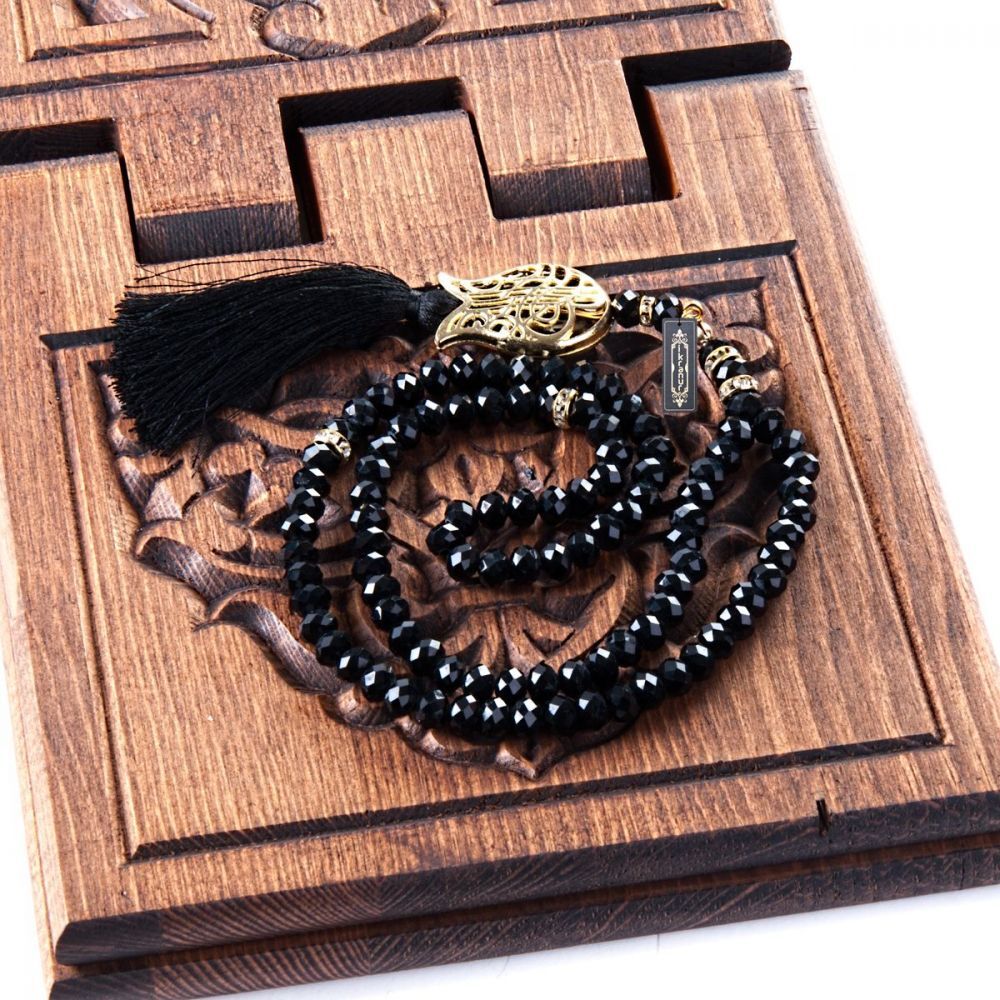 Hediyelik Mevlüt Şalı, İnci Tesbih, Kalp Pleksili, Kraft Asetat Kutulu (20×10) Set-Siyah