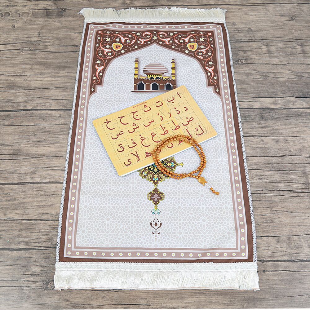 Çocuk Seccadesi 45*82 cm Kudüs Kahve & Kokulu Tesbih & Kur’an Harfleri Puzzle