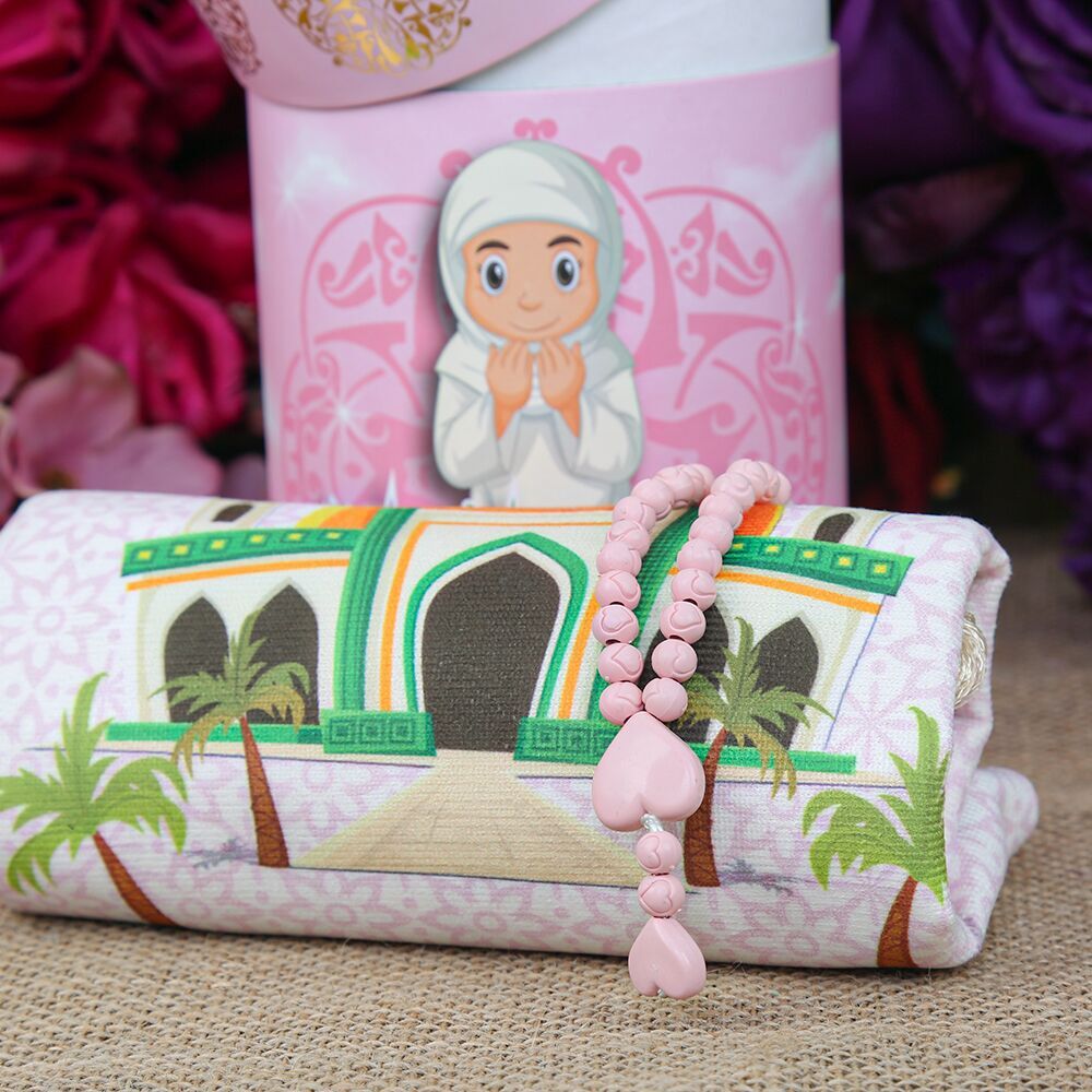 Children’s Prayer Rug Kaaba Pink & Fragrant Heart Embroidered Rosary Baby Pink & First Step To Prayer Piggy Bank Cylinder Box Si